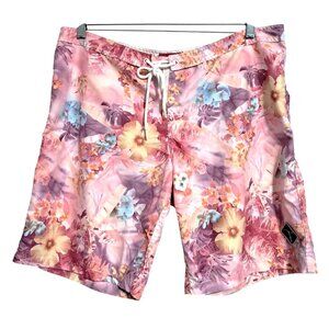 Lui + Lui Floral Board Shorts Womens Size M Pink Multi-Color Polyester Drawstrin
